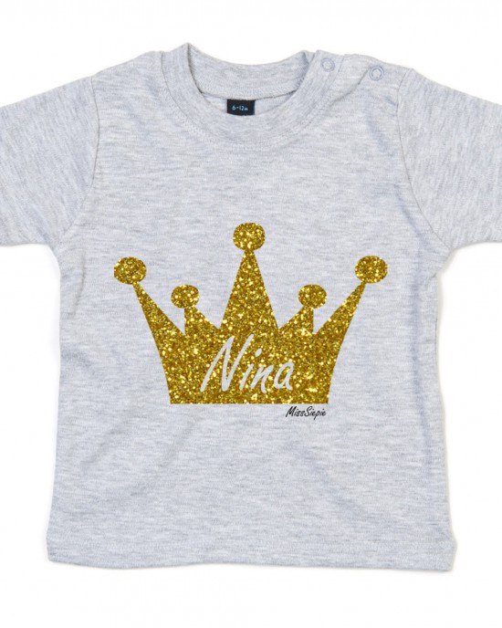 Grijs t-shirt 'Gold Glitter Crown' met naam