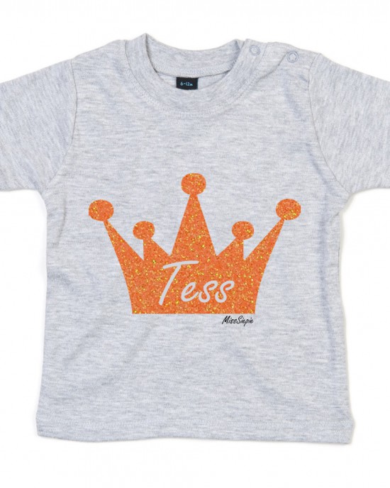 Grijs t-shirt 'Orange Glitter Crown' met naam