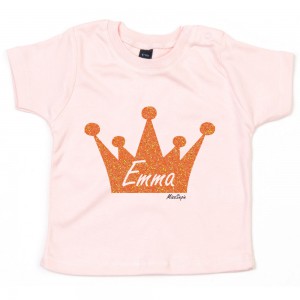 Baby-roze t-shirt 'Orange Glitter Crown' (met je naam)