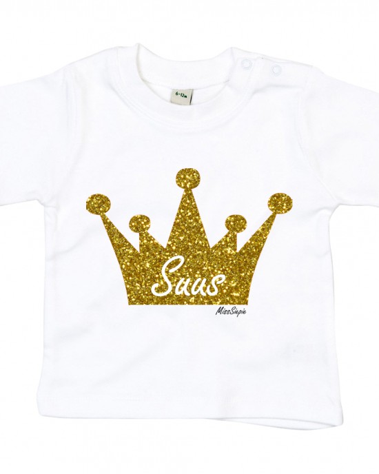 Wit t-shirt 'Gold Glitter Crown' met naam
