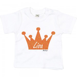 Wit t-shirt 'Orange Glitter Crown' met naam