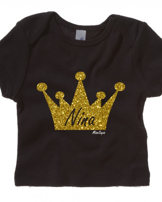 Zwart t-shirt 'Gold Glitter Crown' met naam